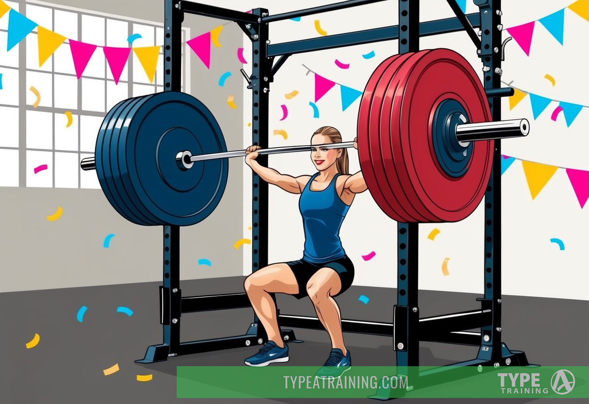 A weightlifting bar loaded with plates, set on a squat rack in a gym with celebratory banners and confetti in the background