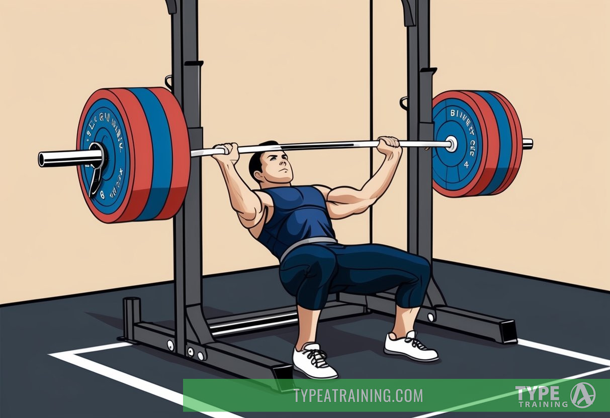 A weightlifting bar loaded with plates, positioned on a squat rack in a gym