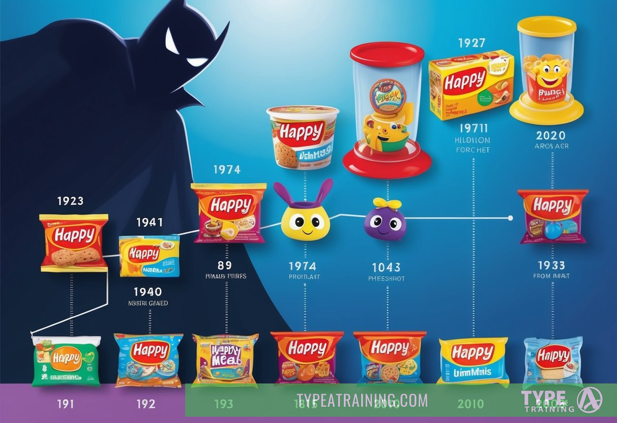 A timeline of Happy Meal toys from past to present, with a shadowy figure looming in the background