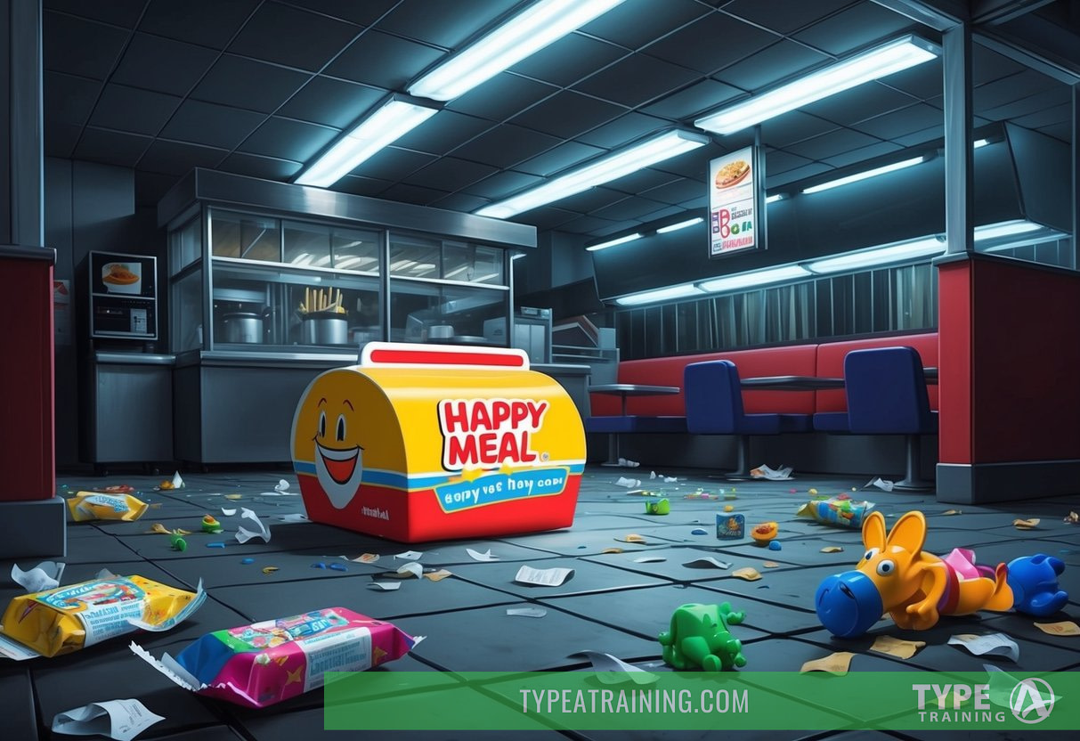 A dimly lit fast food restaurant with a colorful, enticing Happy Meal displayed under harsh fluorescent lighting. Empty wrappers and discarded toys litter the floor