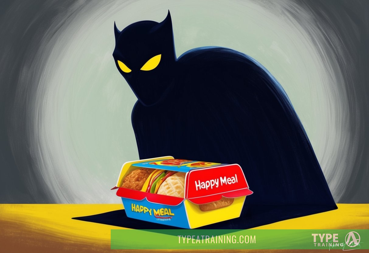 A sinister shadow looms over a colorful, enticing Happy Meal box, casting a foreboding tone over the familiar fast food packaging