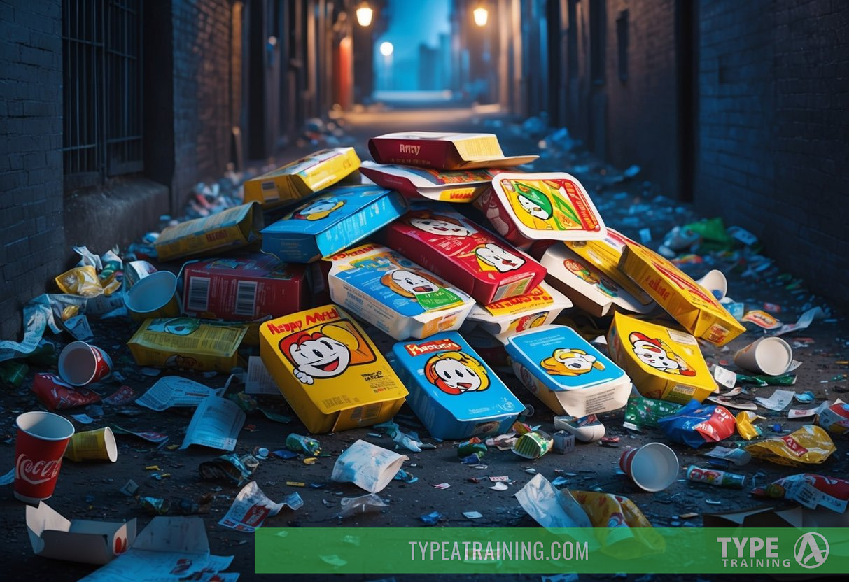 A pile of discarded Happy Meal packaging surrounded by littered fast food wrappers and empty soda cups in a dimly lit alleyway