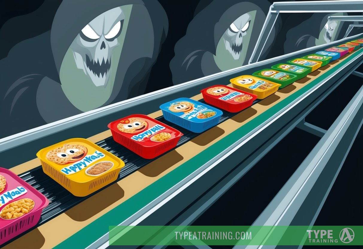 A factory conveyor belt churns out colorful, packaged Happy Meals while ominous shadows loom in the background