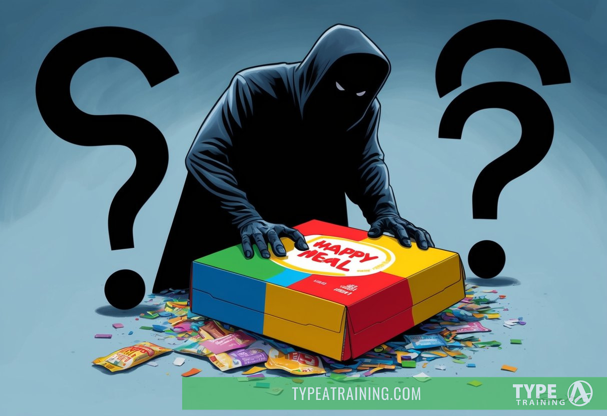 A shadowy figure looms over a colorful, discarded Happy Meal box, surrounded by ominous question marks