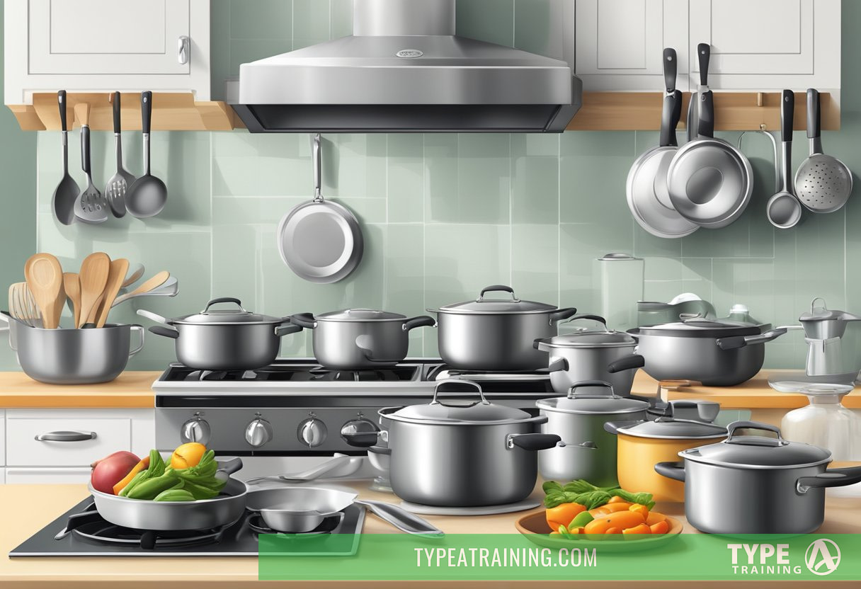 A modern kitchen with a variety of nontoxic cookware, including stainless steel, ceramic, and cast iron pots and pans