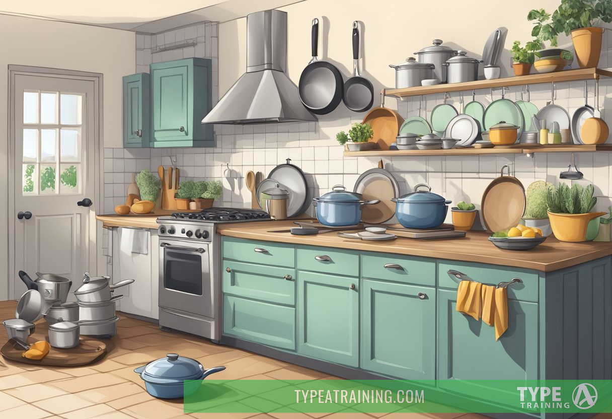 A kitchen scene with various nontoxic cookware items such as pots, pans, and utensils displayed alongside safety guidelines and tips