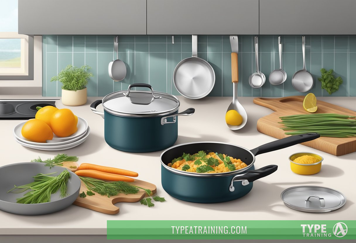 A sleek and modern kitchen with a set of nontoxic Caraway cookware neatly arranged on the stovetop, surrounded by fresh ingredients and cooking utensils
