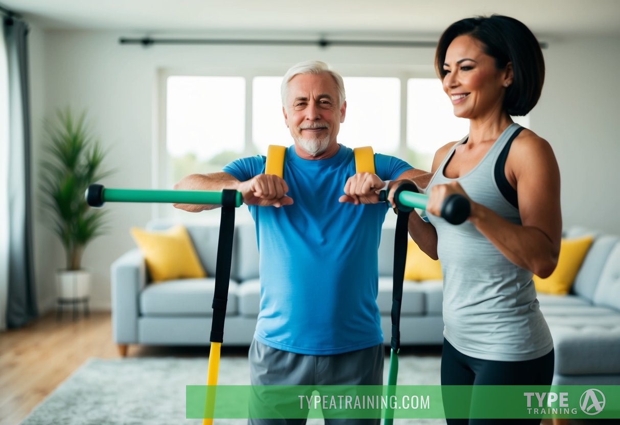 A senior exercising with a personal trainer in their living room, using resistance bands and weights