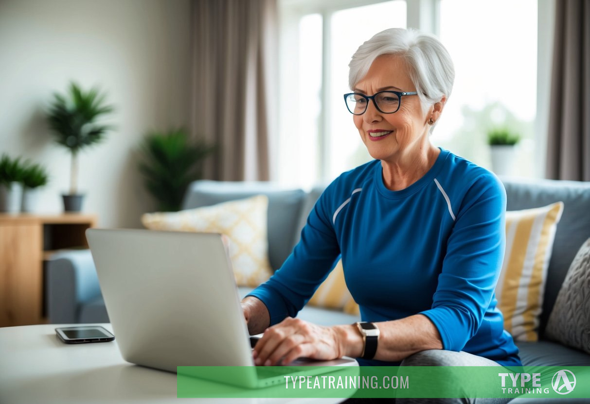 A senior sitting in a cozy living room, following an in-home personal trainer's guidance through an online training session using a laptop or tablet