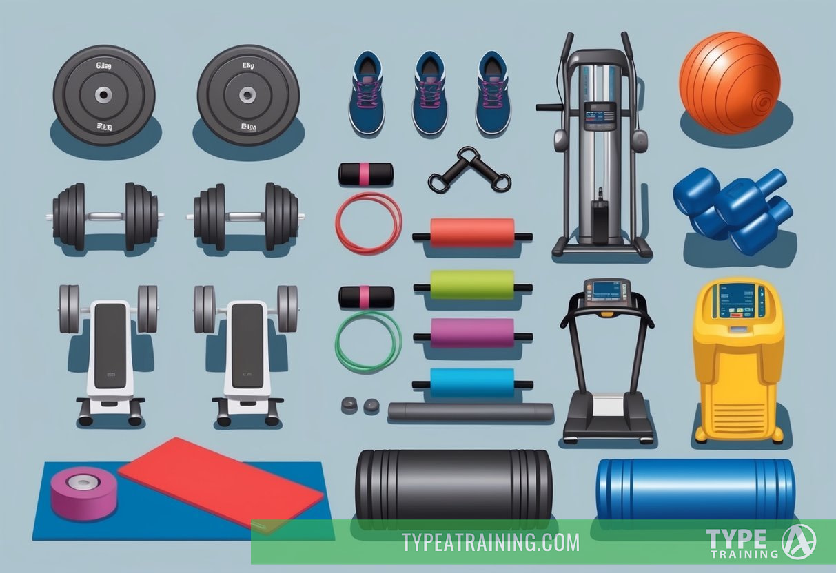 A diverse set of exercise equipment arranged in a gym setting, including free weights, resistance bands, yoga mats, and cardio machines