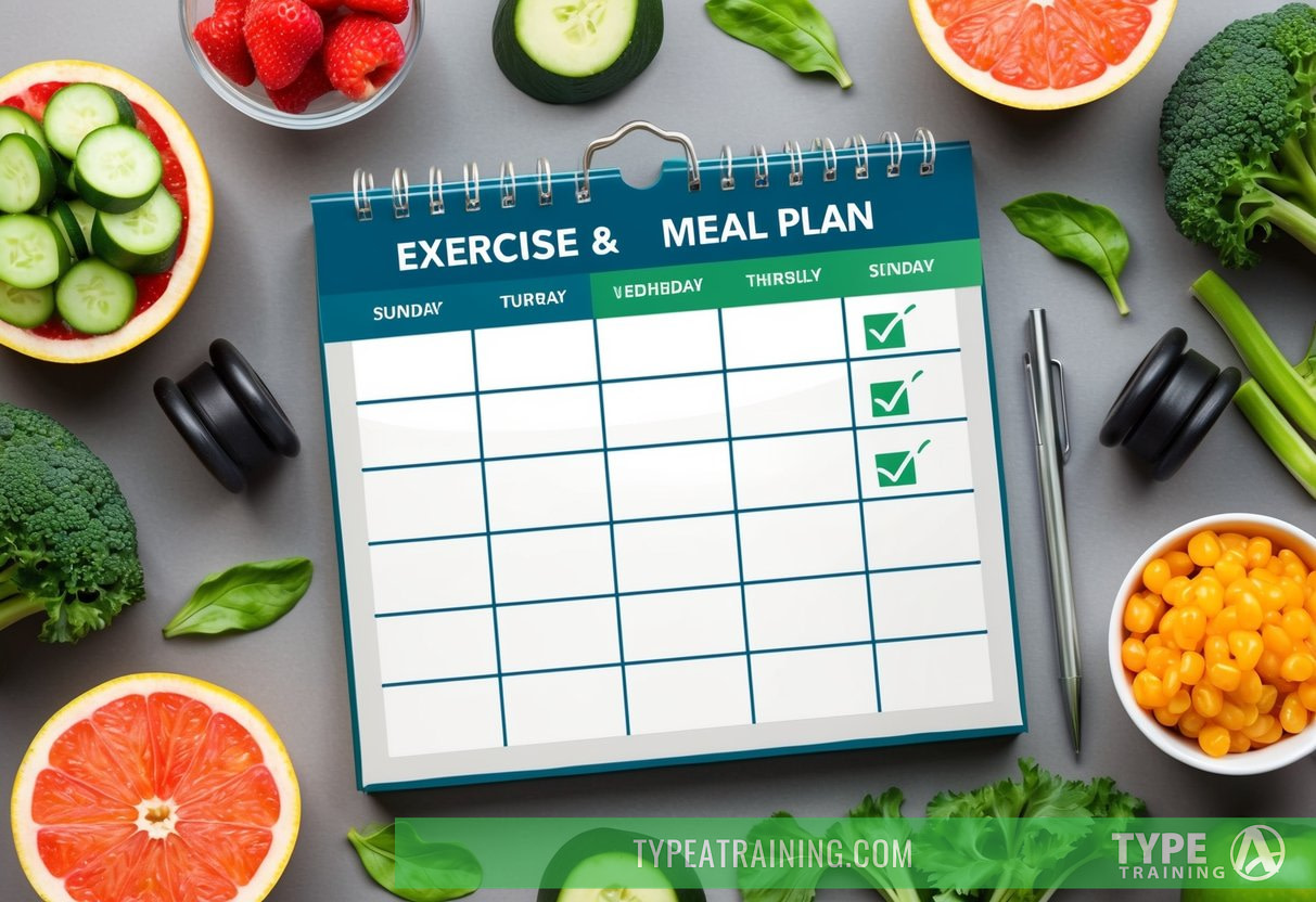 A calendar with daily exercise and meal plan checkmarks, surrounded by images of healthy foods and workout equipment