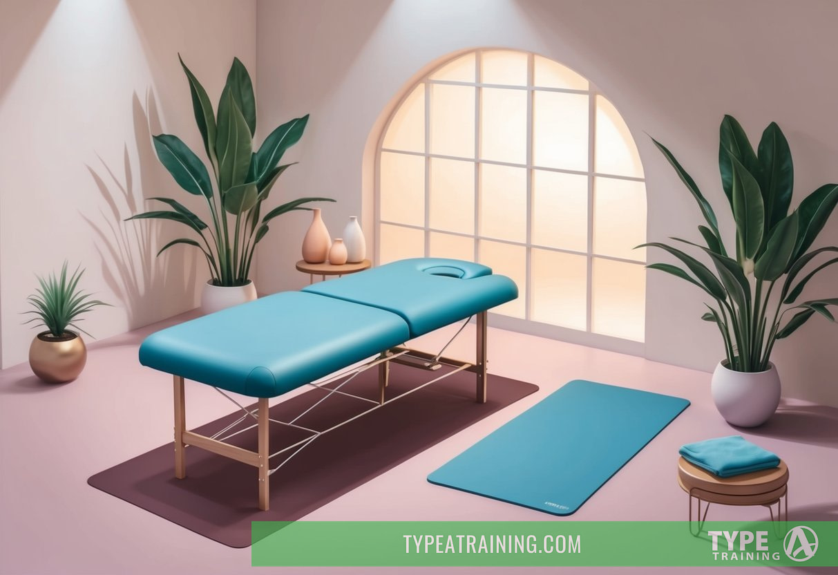 A serene setting with a massage table and a stretching mat side by side, surrounded by calming decor and soft lighting