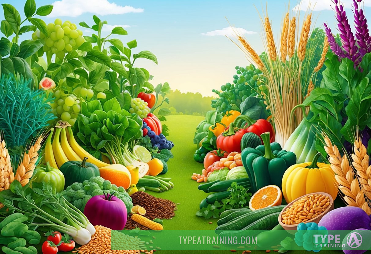 A lush garden with a variety of fruits, vegetables, and whole grains, surrounded by colorful, diverse bacteria and microorganisms