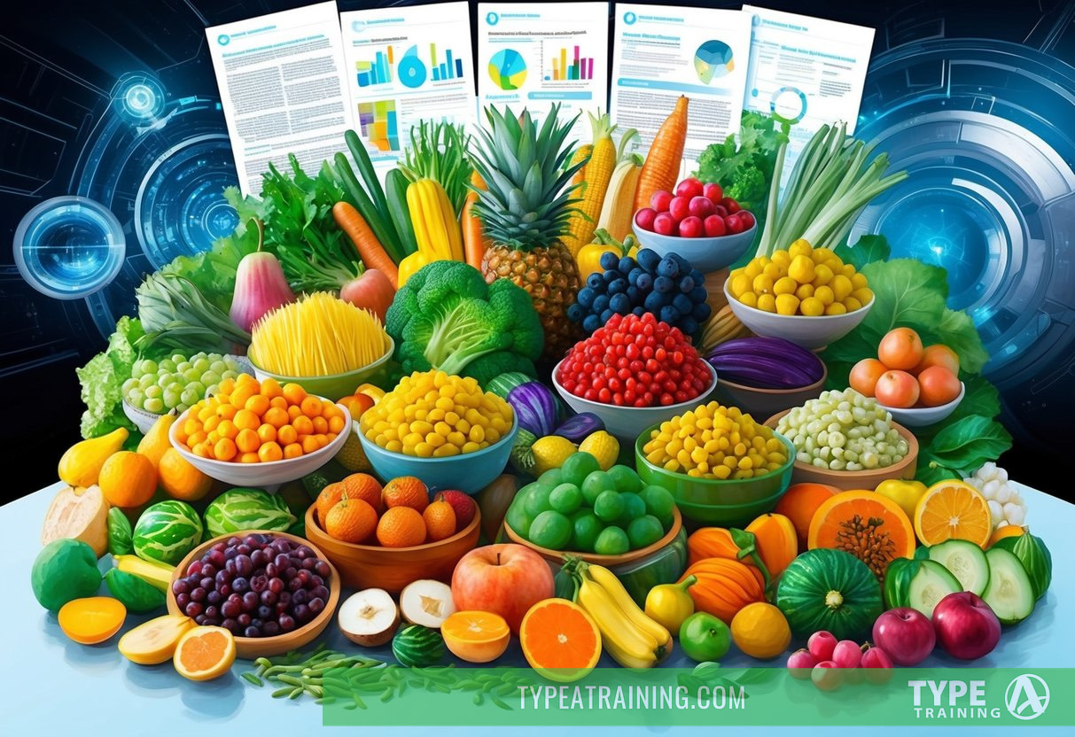 A diverse array of fruits, vegetables, and fermented foods arranged in a colorful and vibrant display, surrounded by a backdrop of scientific research papers and futuristic imagery