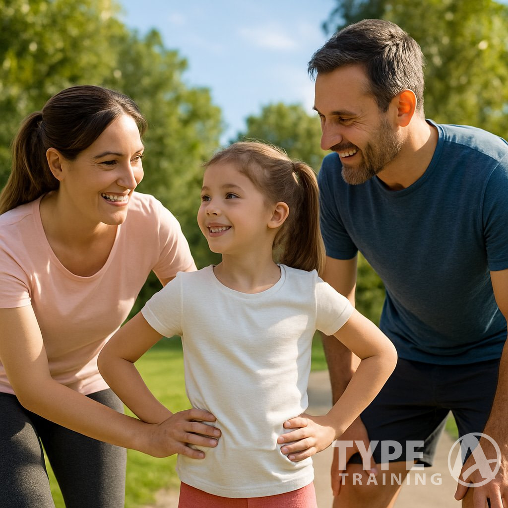 A mother and father encouraging their young daughter to exercise outdoors in a sunny park.