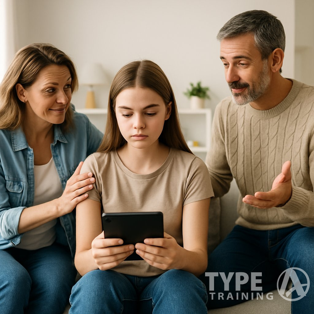 A teenage girl sitting on a couch with a tablet while her parents talk to her supportively in a bright living room with exercise items visible nearby.
