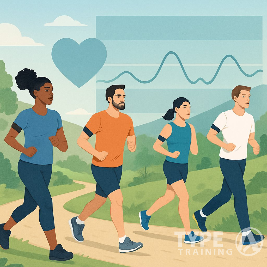 People jogging outdoors on a trail with heart rate monitors, surrounded by greenery and hills, illustrating moderate-intensity cardio exercise.