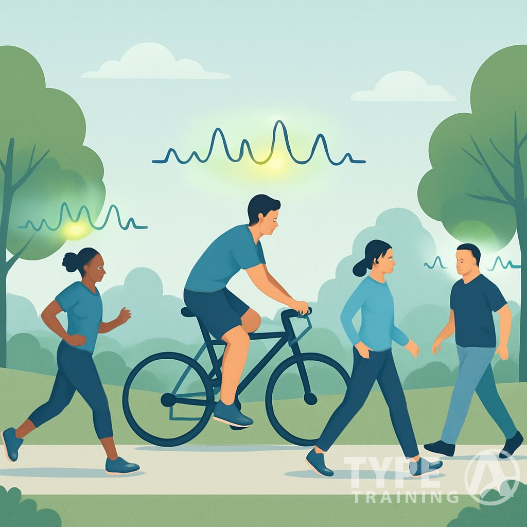 People jogging, cycling, and walking outdoors with heart rate zone indicators showing moderate exercise intensity.