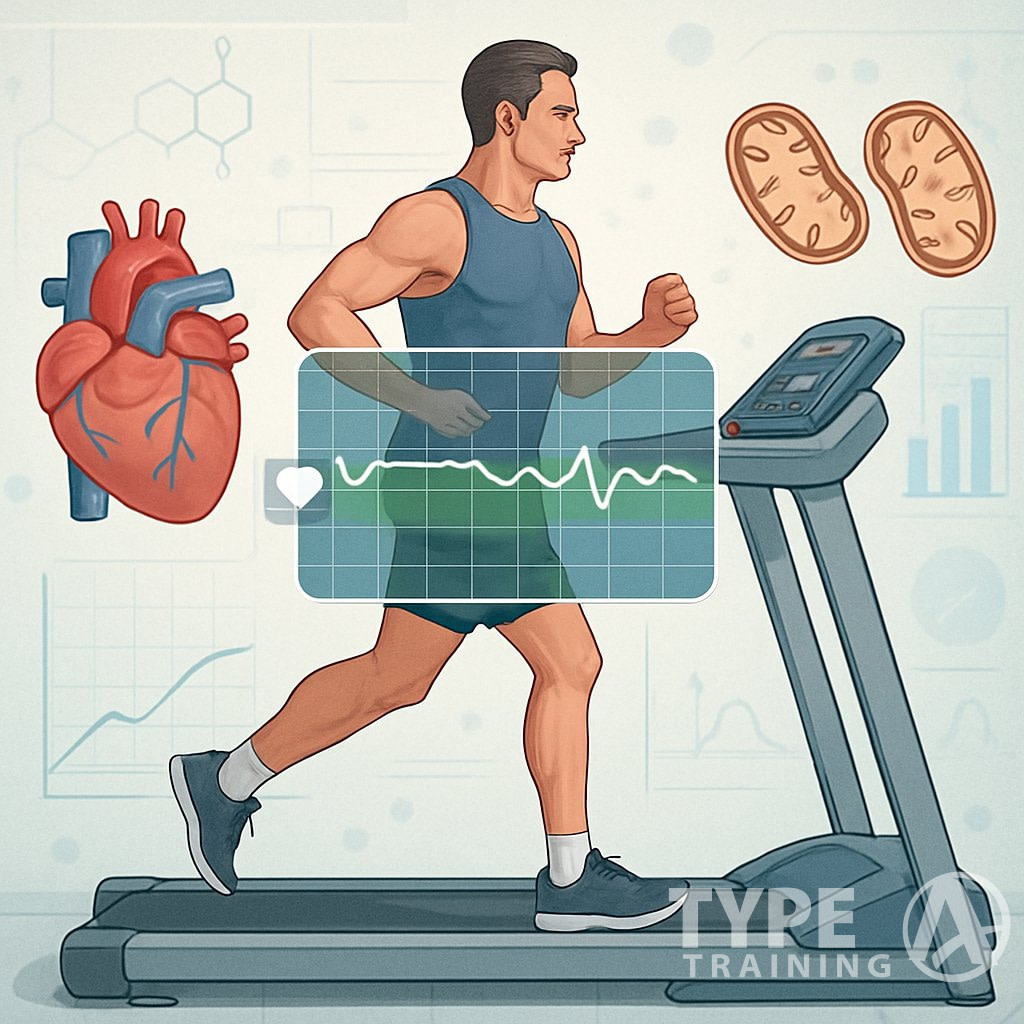 A person jogging on a treadmill with heart rate and scientific graphics illustrating aerobic exercise and heart health.