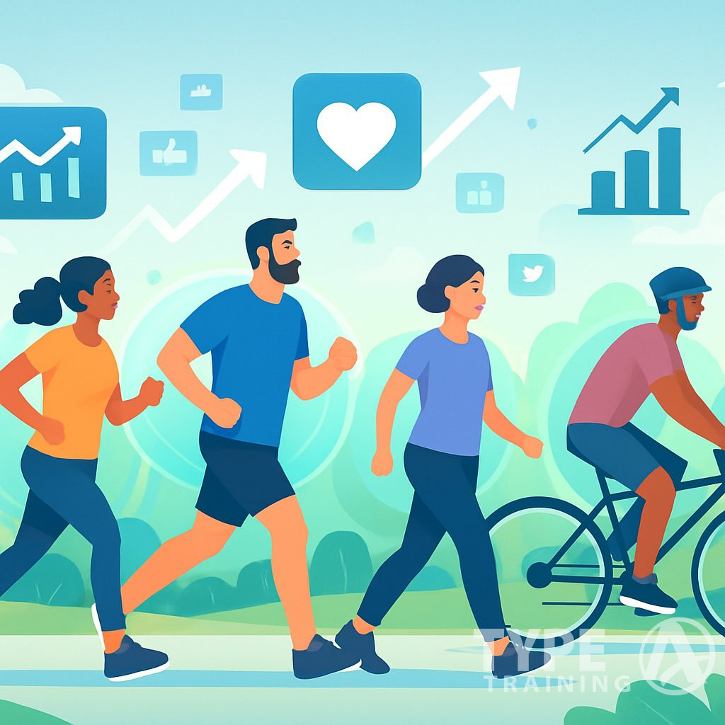 People exercising outdoors at moderate intensity with digital icons and graphs floating around them representing an online trend.