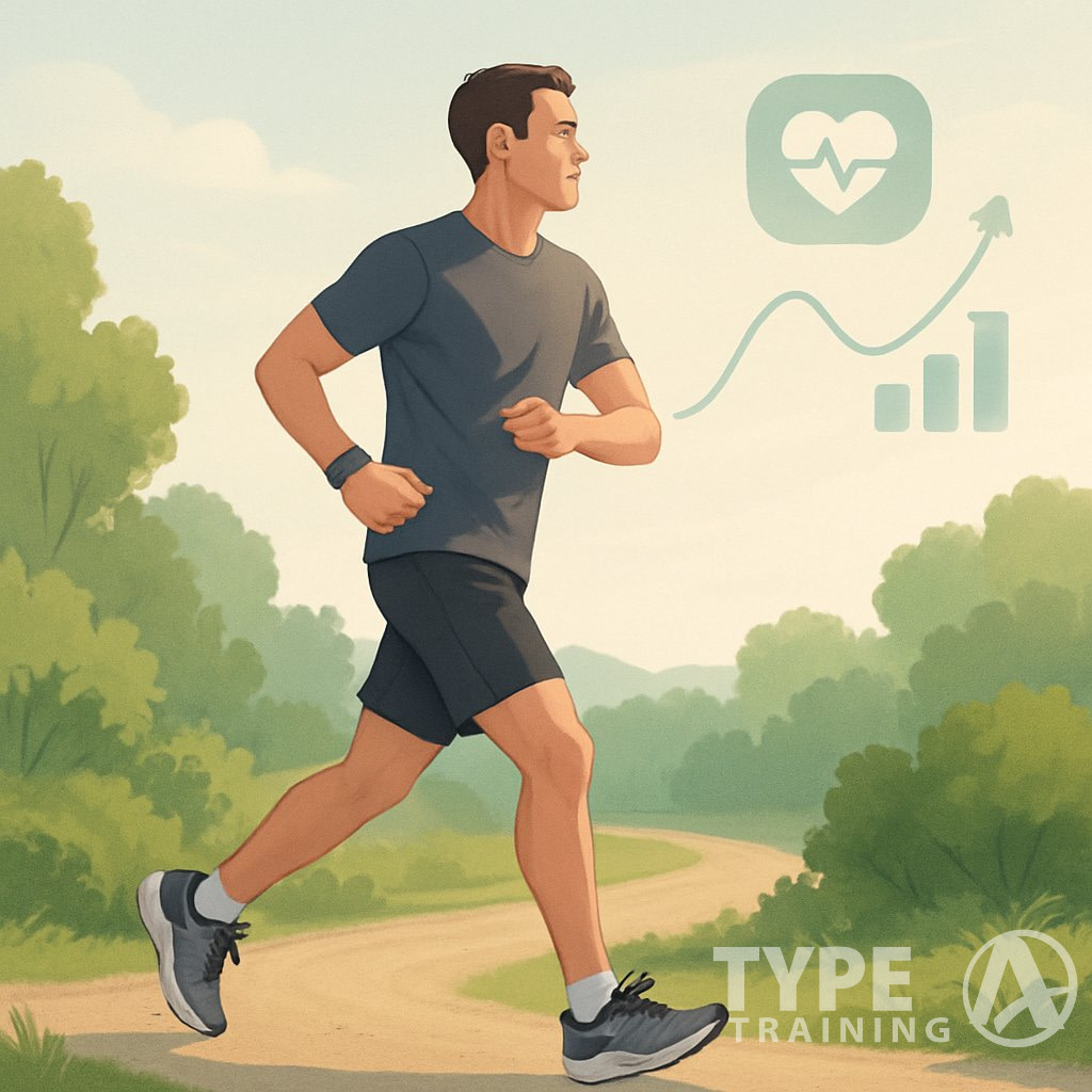 A person jogging outdoors on a green path wearing athletic clothes and a heart rate monitor watch, with subtle graphics showing heart rate and fitness improvements in the background.