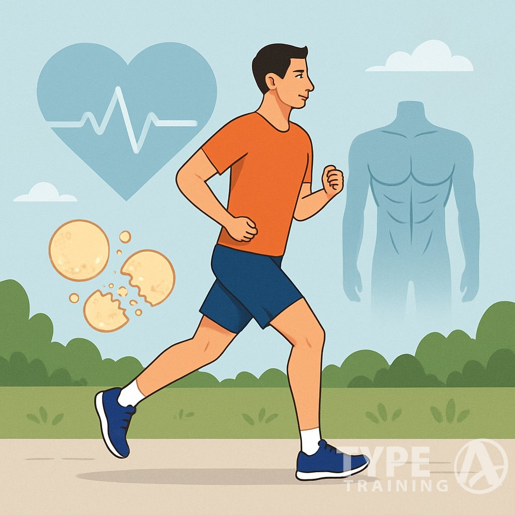A person jogging outdoors at a steady pace with icons representing heart rate and fat loss around them.