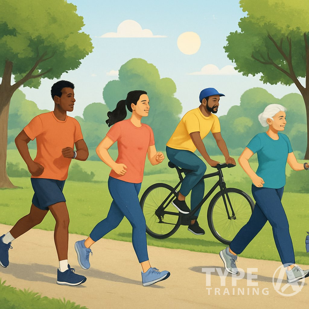 A group of people exercising outdoors with jogging, cycling, and walking in a park surrounded by trees and sunlight.