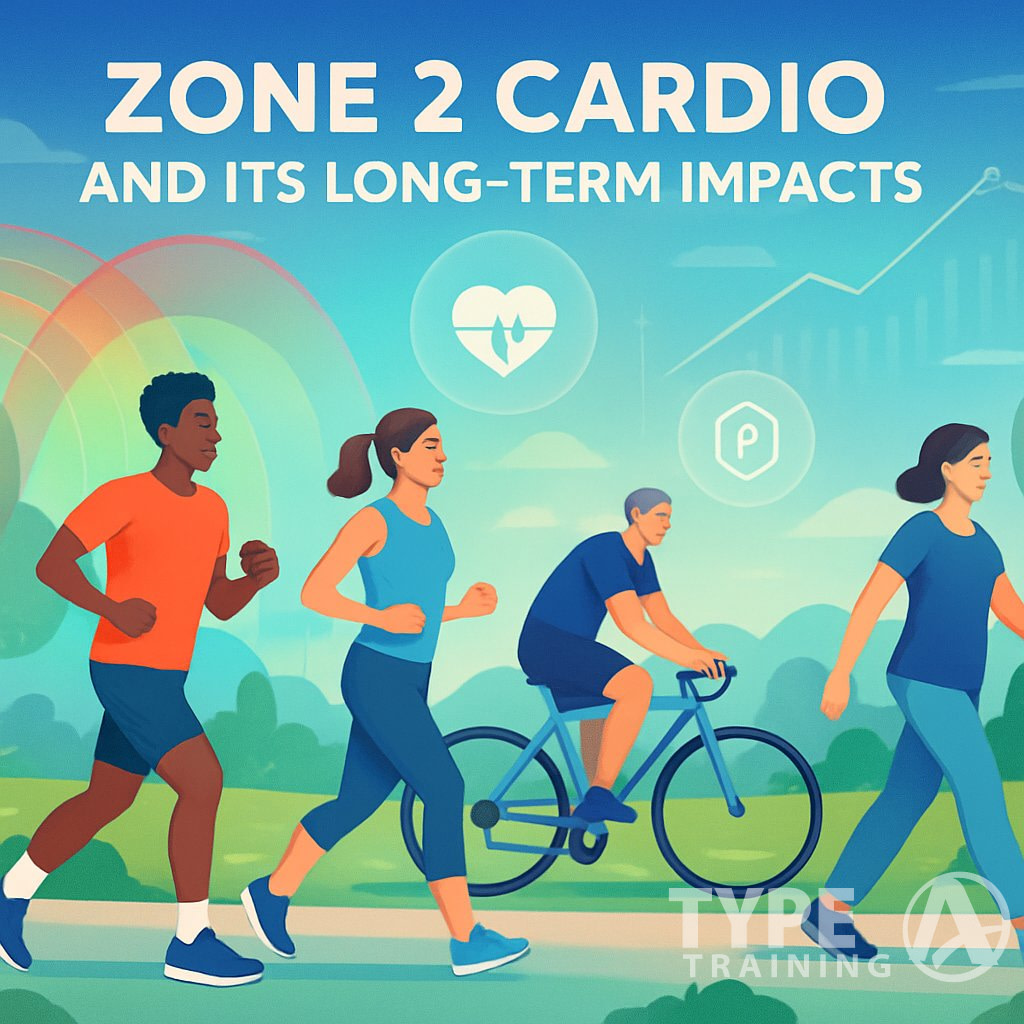 People exercising outdoors with heart rate zones highlighted and symbols representing health benefits around them.