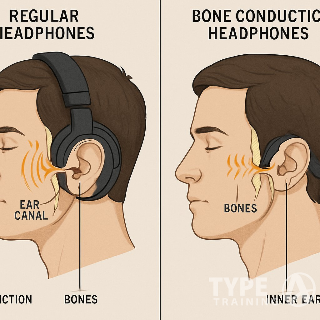 A side-by-side illustration of a person wearing regular headphones and bone conduction headphones, showing sound traveling through the air to the ear canal on one side and vibrations passing through the skull bones to the inner ear on the other.