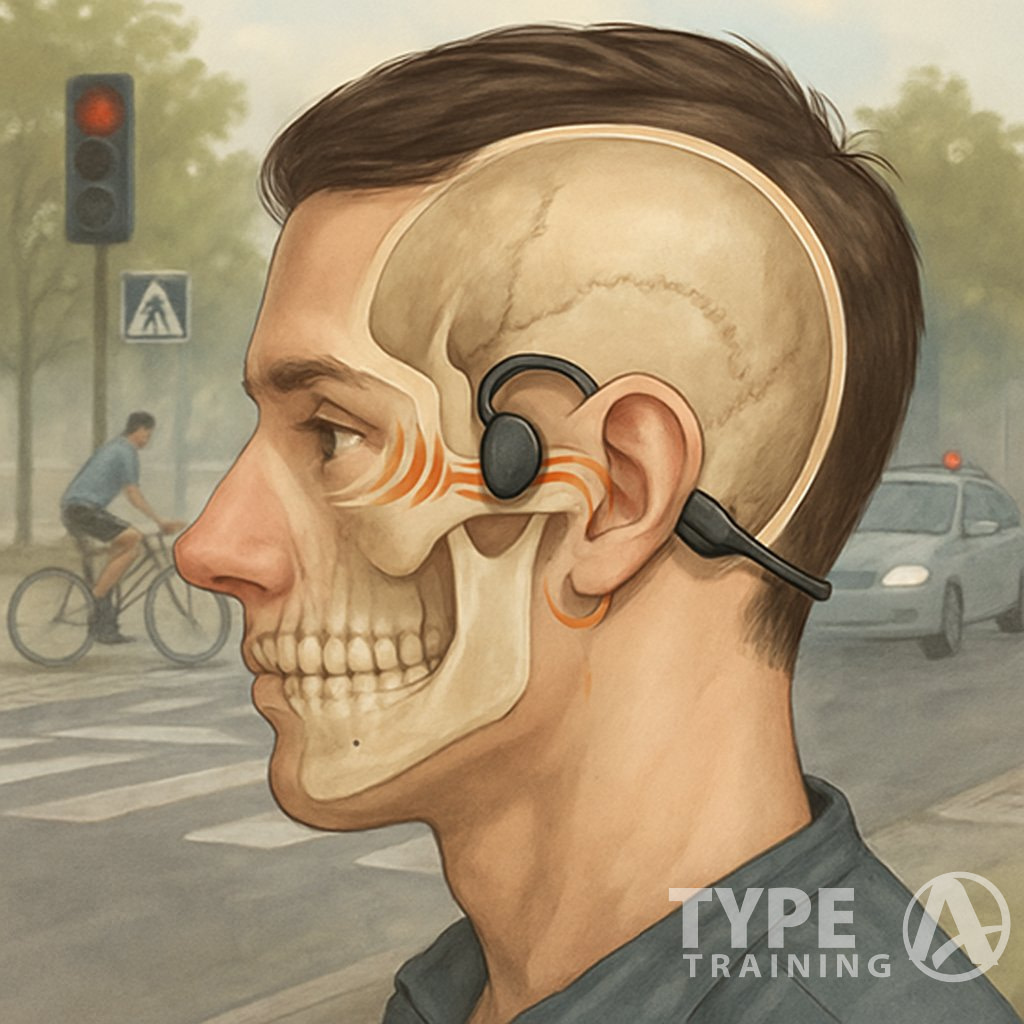 Person wearing bone conduction headphones outdoors near a busy street with cars and bicycles, showing how sound vibrations travel through the cheekbones to the inner ear.