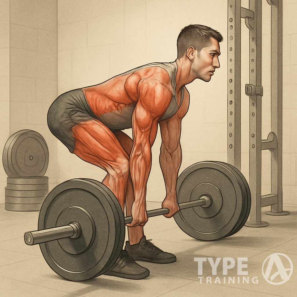 A person performing a deadlift with correct form in a gym, showing side view with straight back, bent knees, and a barbell close to the shins.