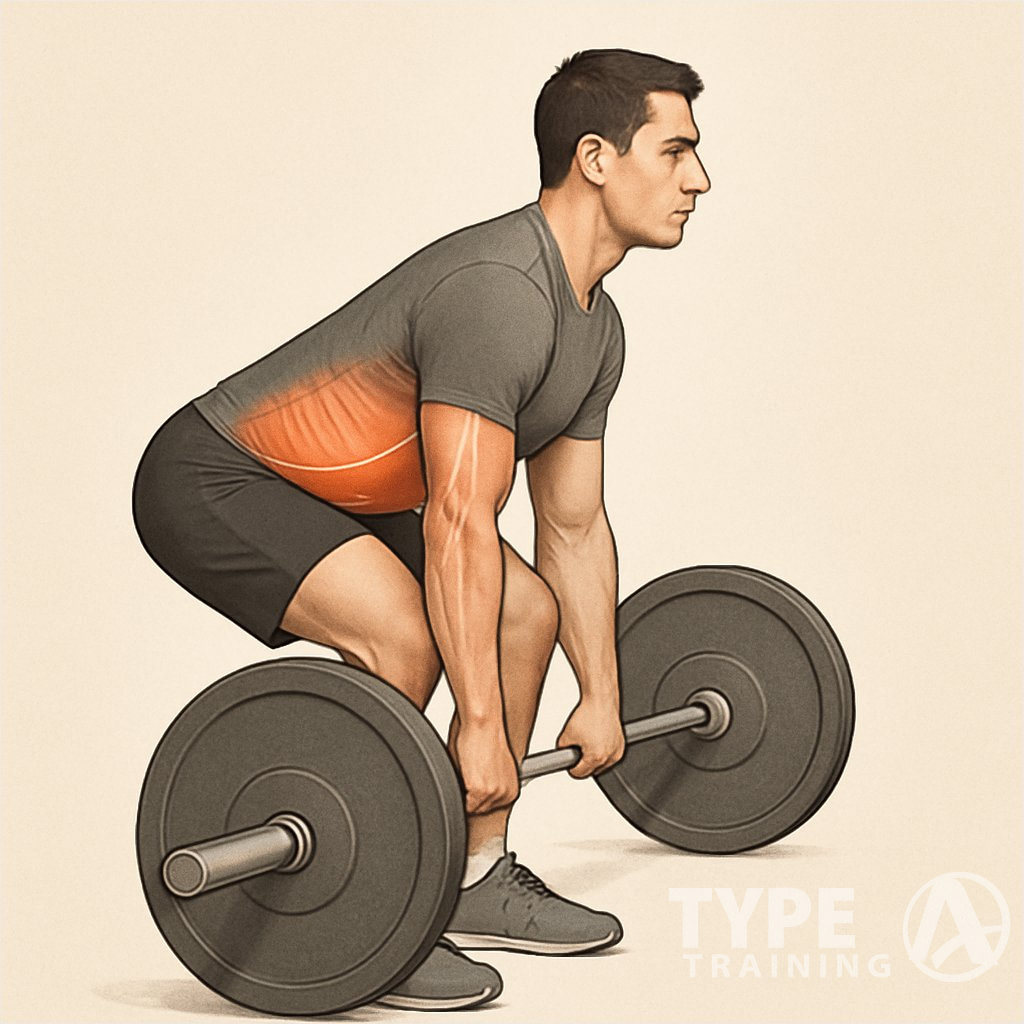 A person performing a deadlift with proper form, showing a straight back, bent knees, and engaged core muscles.