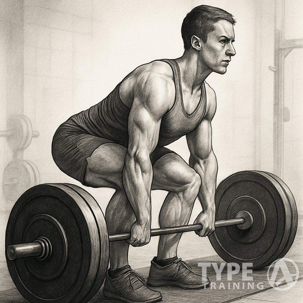 A person performing a mixed grip deadlift with one hand overhand and the other underhand, lifting a barbell in a gym.