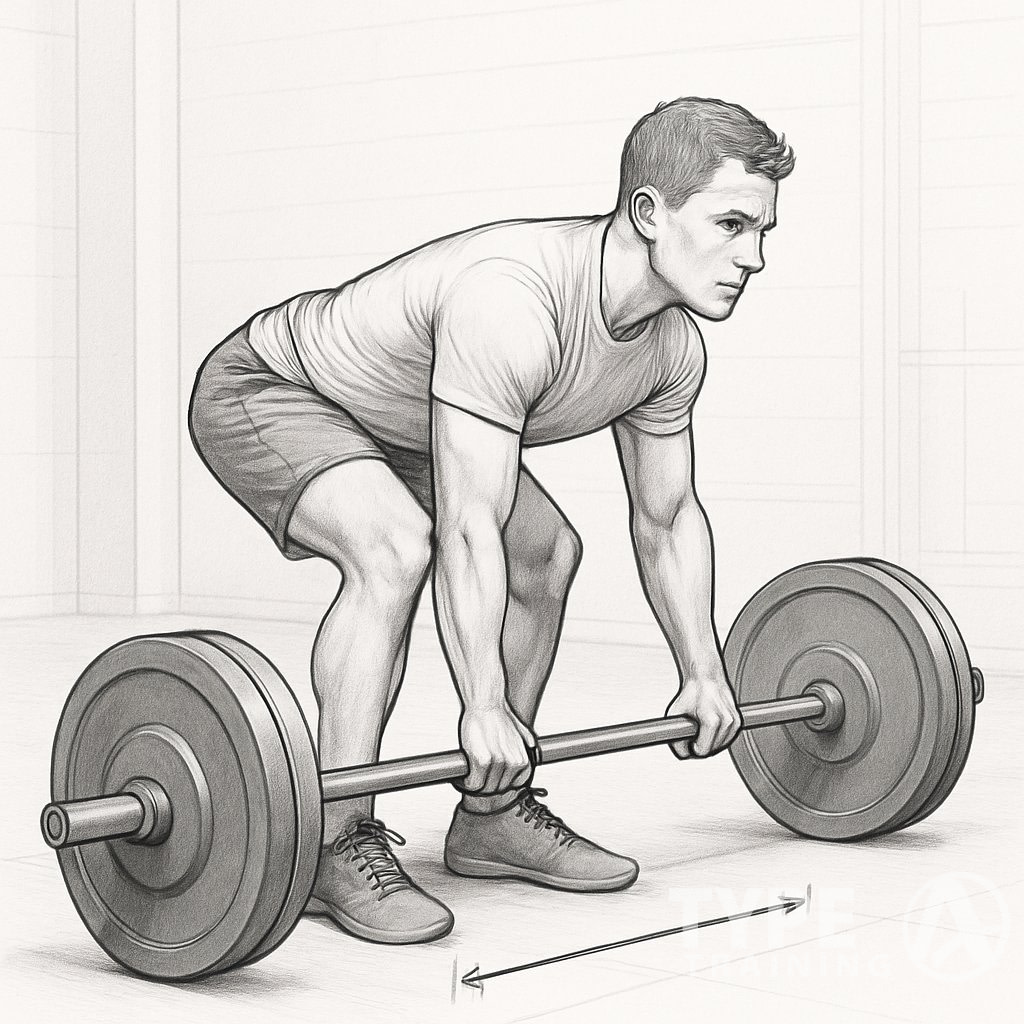 A man performing a deadlift starting too far away from the barbell in a gym.