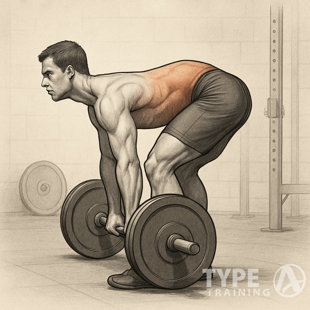 Side view of a person performing a deadlift with hips higher than shoulders, holding a barbell on the floor in a gym.