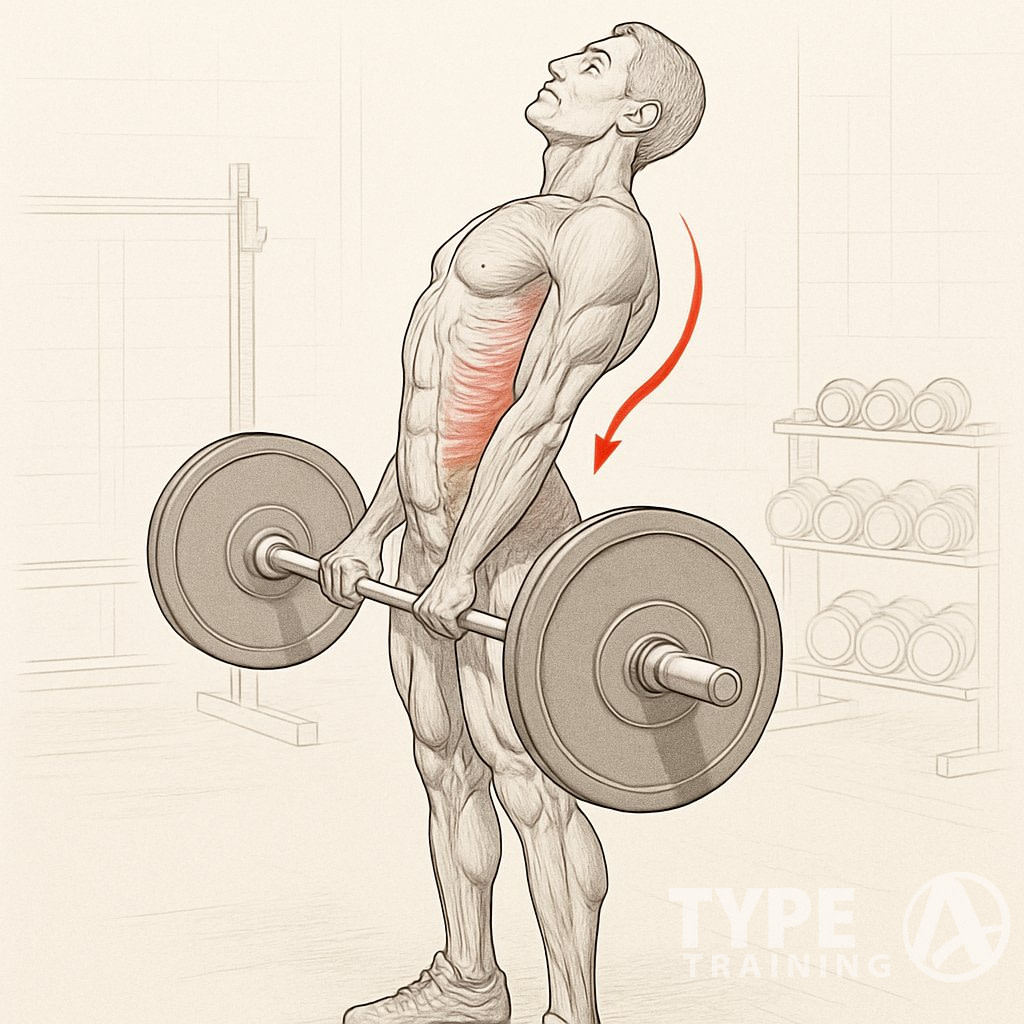 A man holding a barbell at hip level with an overly arched lower back, showing incorrect deadlift form due to overextension.
