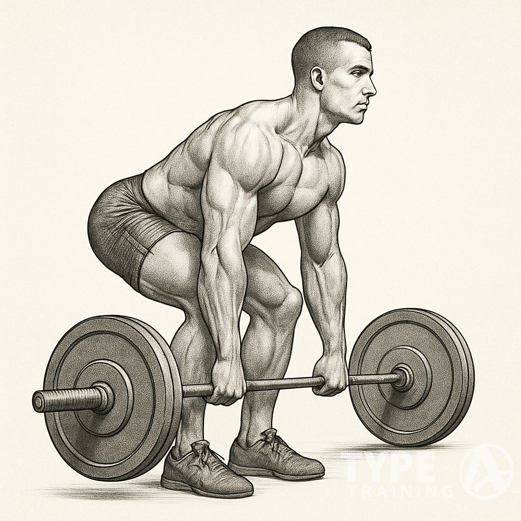A person performing a deadlift with proper form, showing a straight back, bent knees, and holding a barbell close to the shins.
