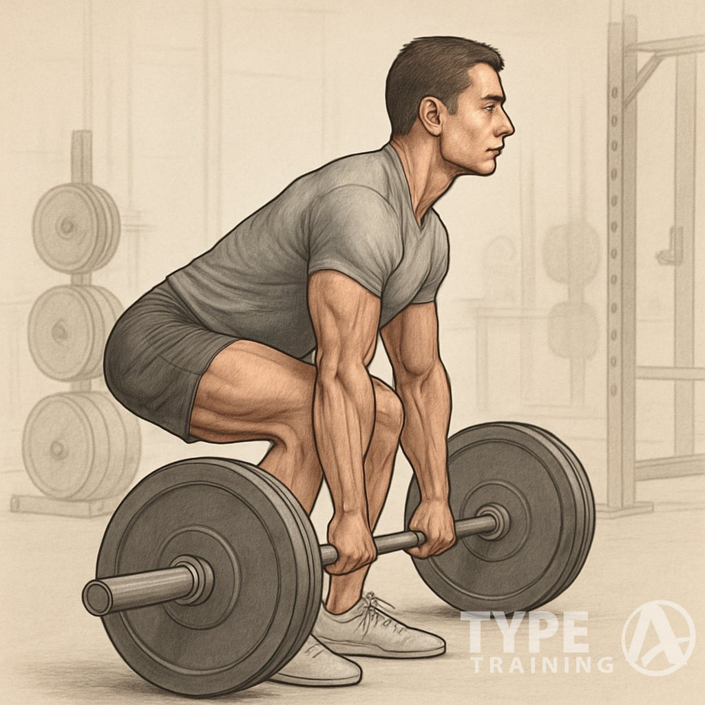 A person performing a deadlift with proper form in a gym, showing straight back and bent knees while lifting a barbell.