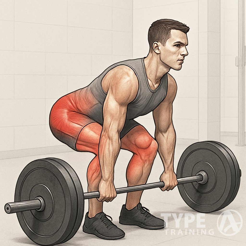 A person performing a deadlift with correct form in a gym, showing proper posture and muscle engagement.