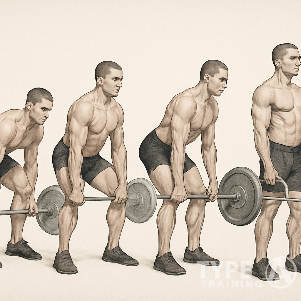 Four figures demonstrating different deadlift variations with correct posture and technique, shown from the side.