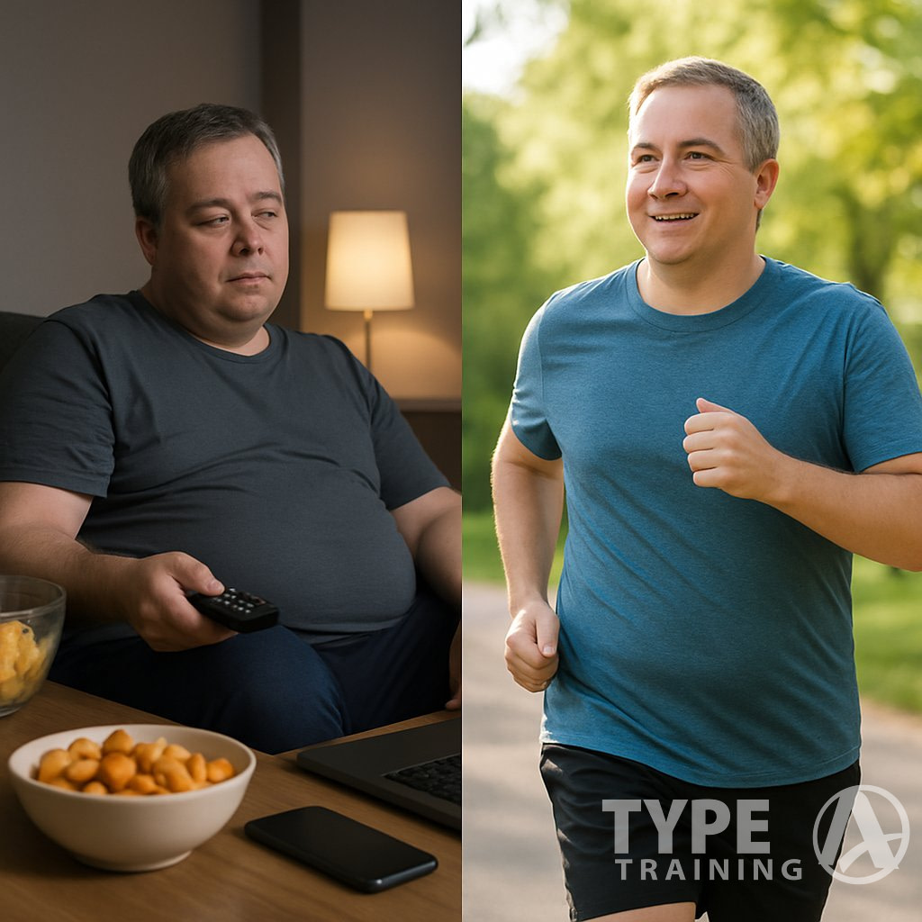 A person sitting on a couch with snacks and devices on one side, and the same person jogging outdoors in a park on the other side.