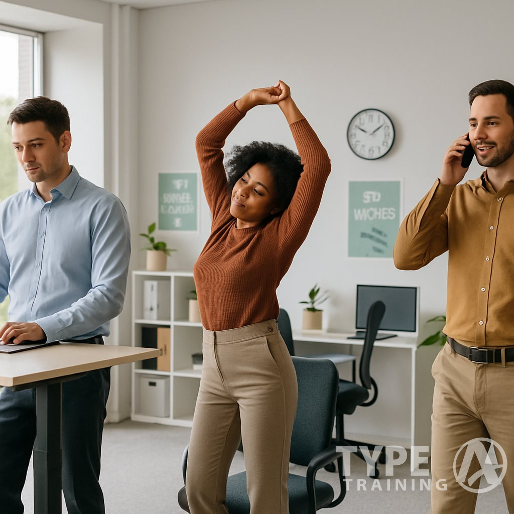 Office workers standing, stretching, and walking in a bright office with ergonomic desks and plants.