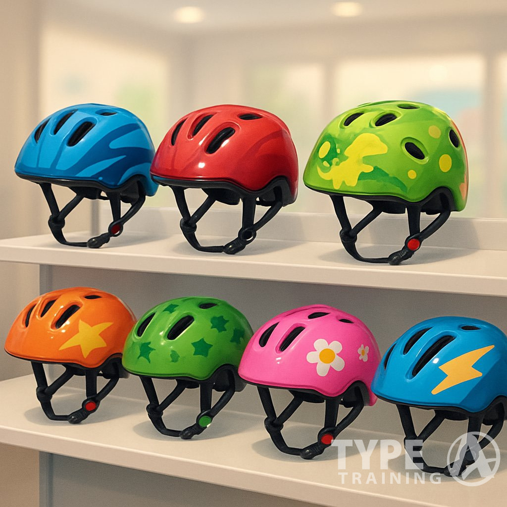 A display of colorful kids bike helmets arranged on a stand, showing various designs and safety features.