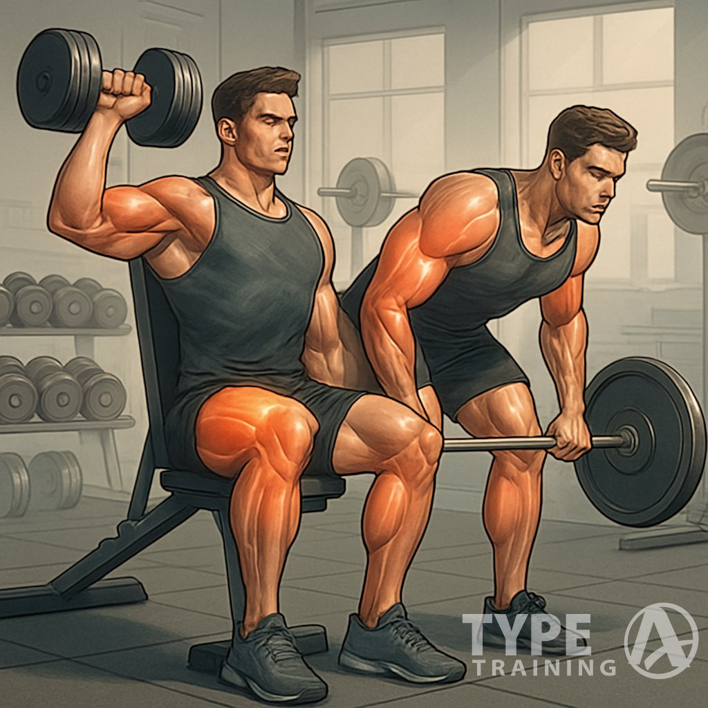 A muscular person performing two weightlifting exercises consecutively in a gym, highlighting muscle growth and strength.