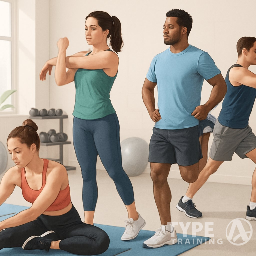 A group of diverse people stretching their muscles before and after workouts in a gym setting.