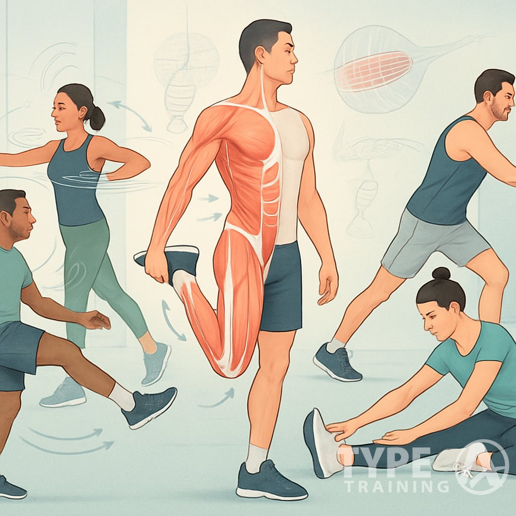 People performing different stretching exercises in a gym with an anatomical overlay showing muscles being stretched.