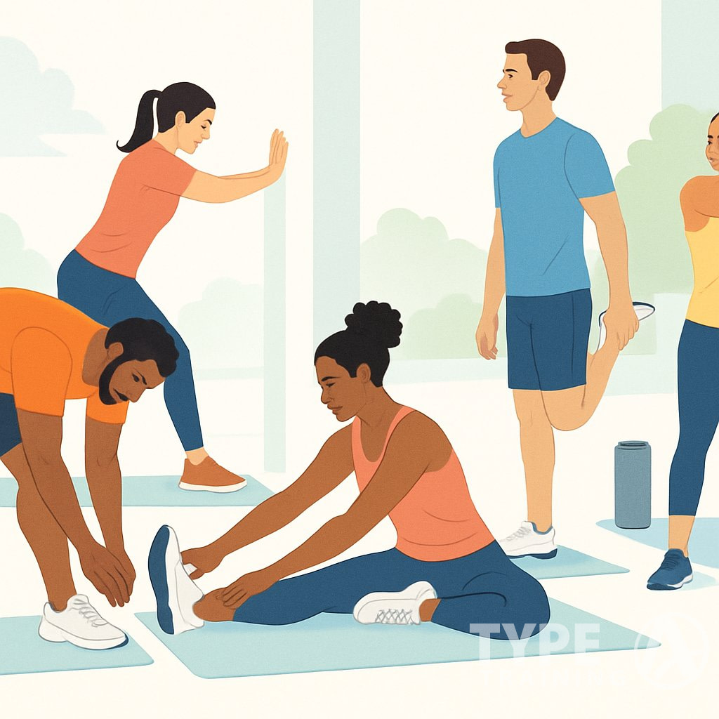 A group of people performing different stretching exercises in a gym or park setting before and after workouts.