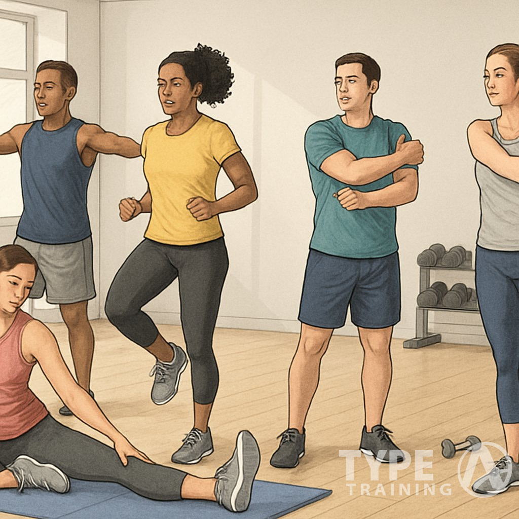 People performing warm-up exercises and stretching before and after workouts in a gym setting.