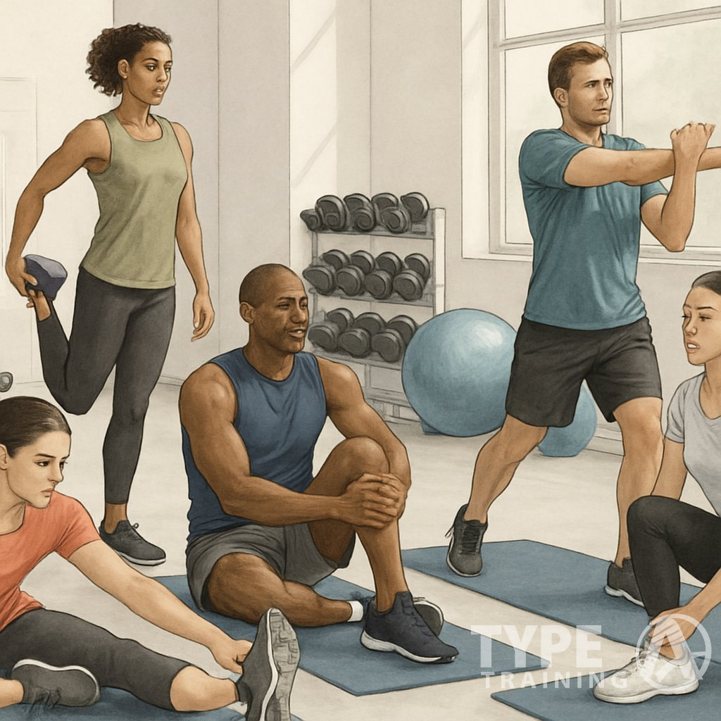 A group of people stretching different muscles in a gym, preparing for or cooling down from a workout.