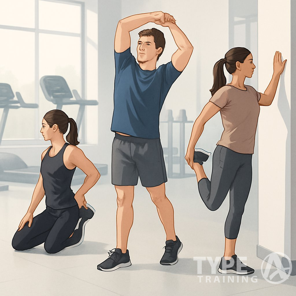 A group of people performing various static stretches in a gym, including hamstring, quadriceps, calf, and arm stretches.